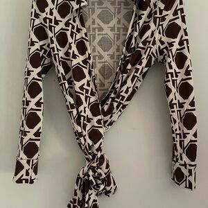 Diane Von Furstenberg Wrap Top Rattan Pattern Brown and Beige